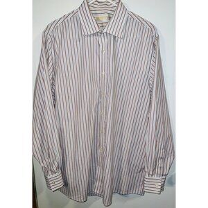 Michael Kors Mens Non-Iron Button-Down Dress Shirt Size Large  Tan/White Stripes